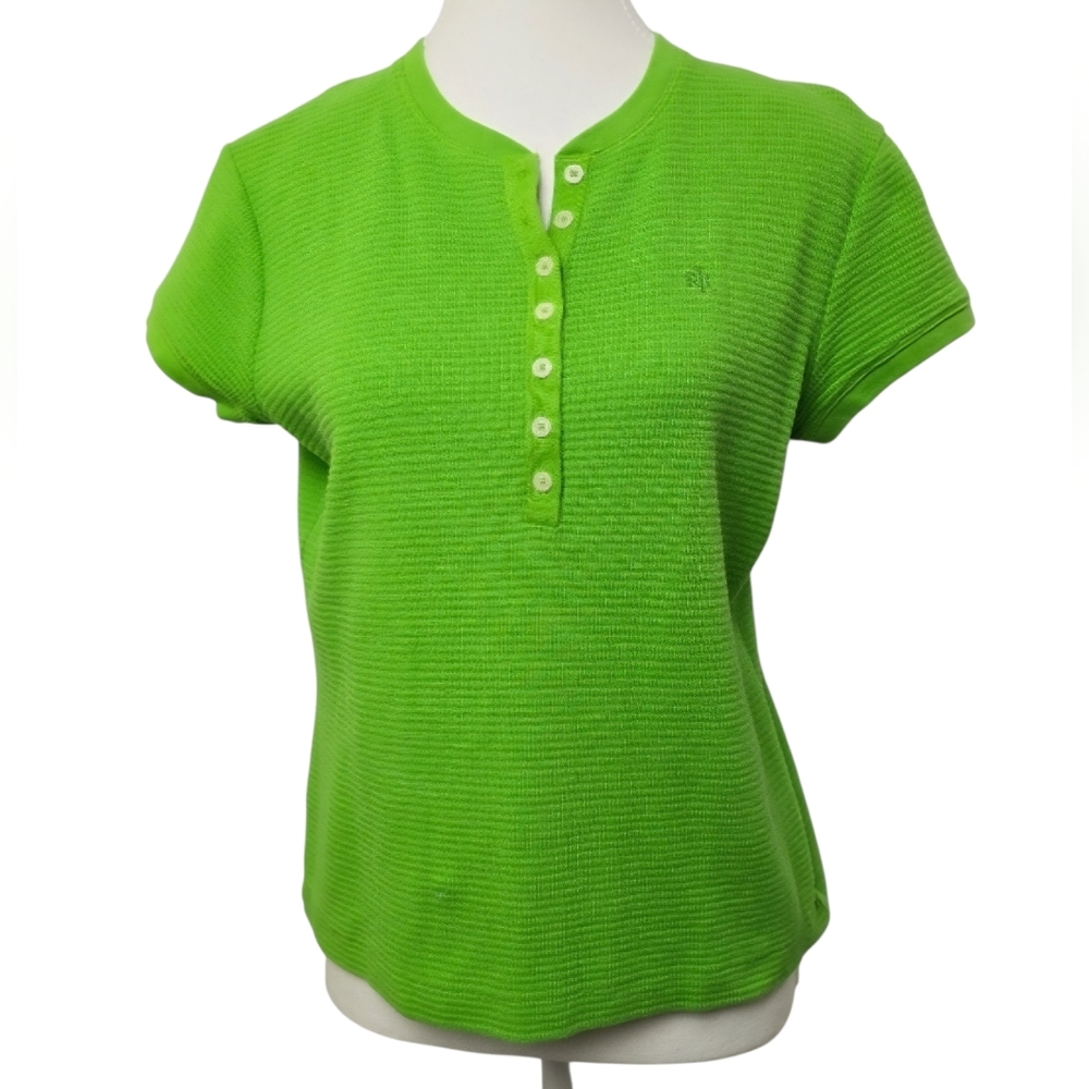 Lauren Jeans Co. Women’s Green Waffle Knit Henley Short Sleeve Shirt Casual